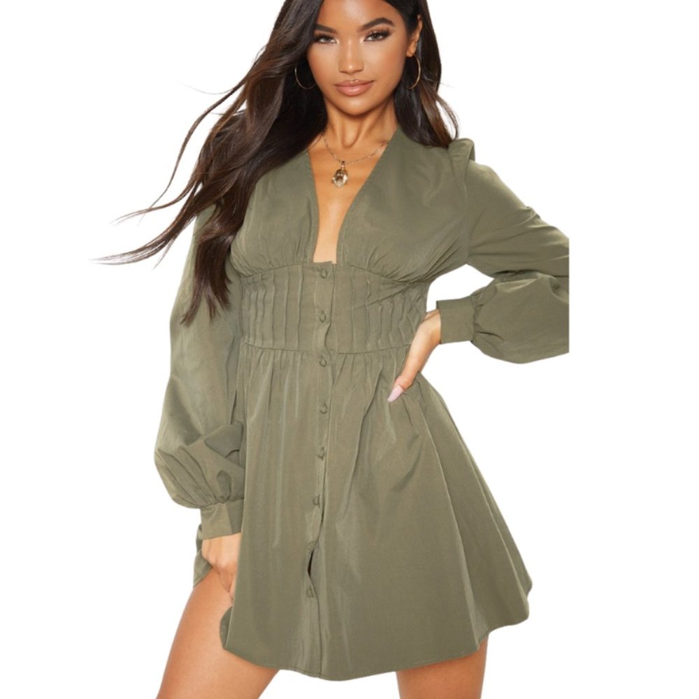 PrettyLittleThing Army Green V-Neck Long Sleeve Corset Mini Dress Size 8